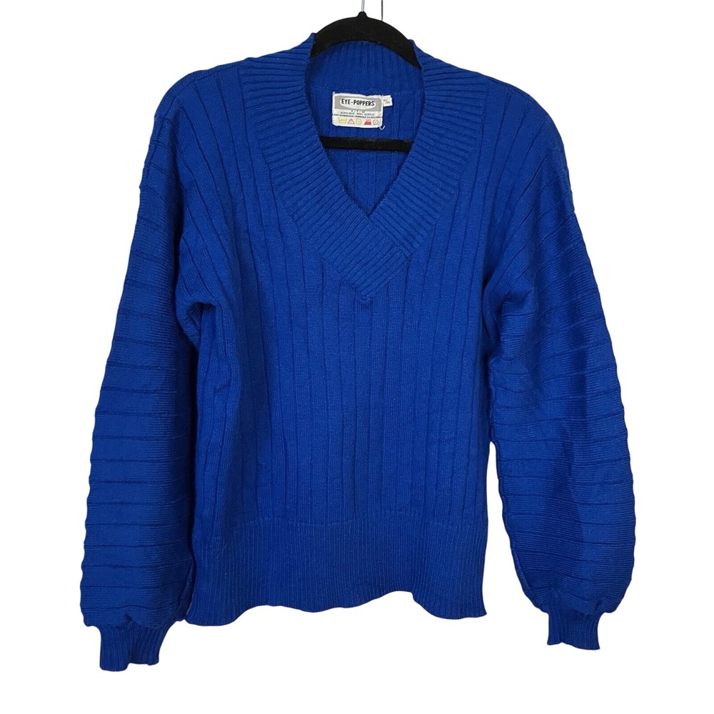 Vintage Eyepoppers Sweater Womens M Bright Blue Stripe V-neck Puff Sleeve Y2K